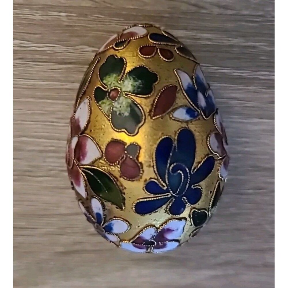 Vtg*Cloisonne Egg* Enameled Multicolored Jewel Tone Flowers Leaves - Picture 6 of 8